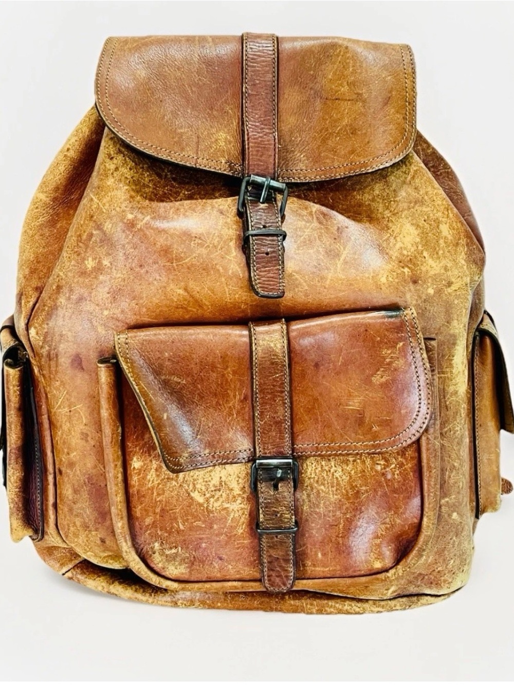 VINTAGE 80’s Distressed Leather Cognac Backpack/Rucksack-Large With 3 Pockets